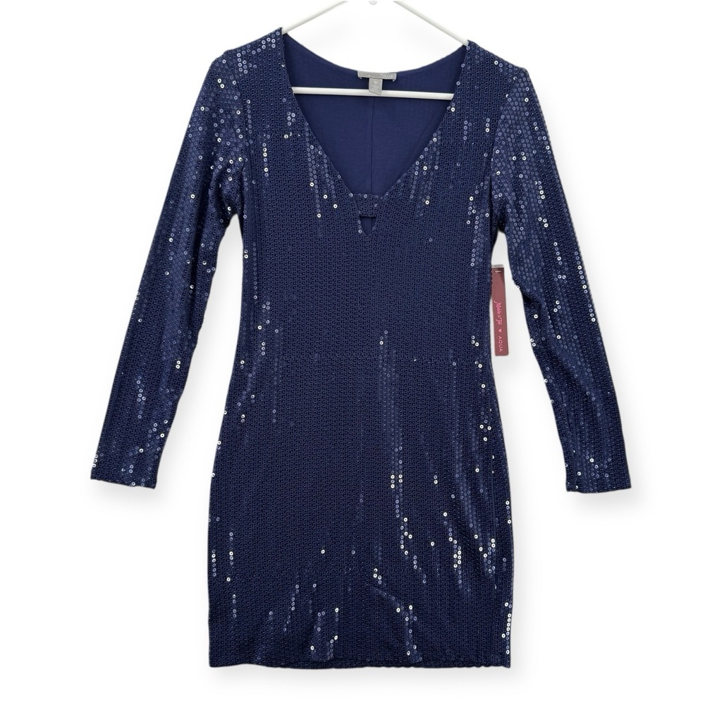 Aqua Capsule Sequin Bodycon Dress Womens XS Navy Long Sleeve Sparkle Mini NWT